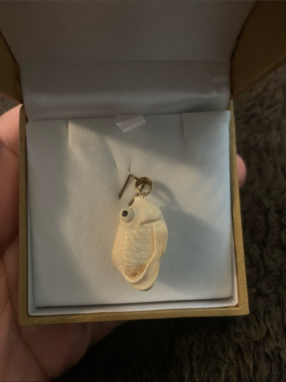 Vintage Korite 14K Gold Mammoth Carved Fish Pendant unisex